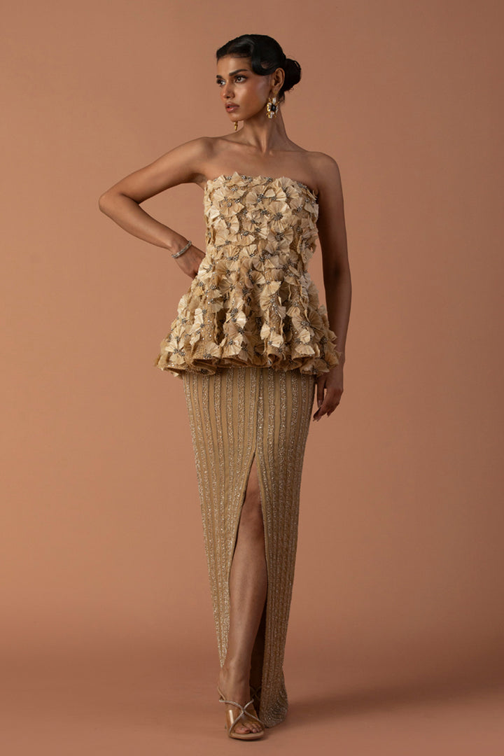 Peach Feather Embellished Peplum Top With Slit Skirt