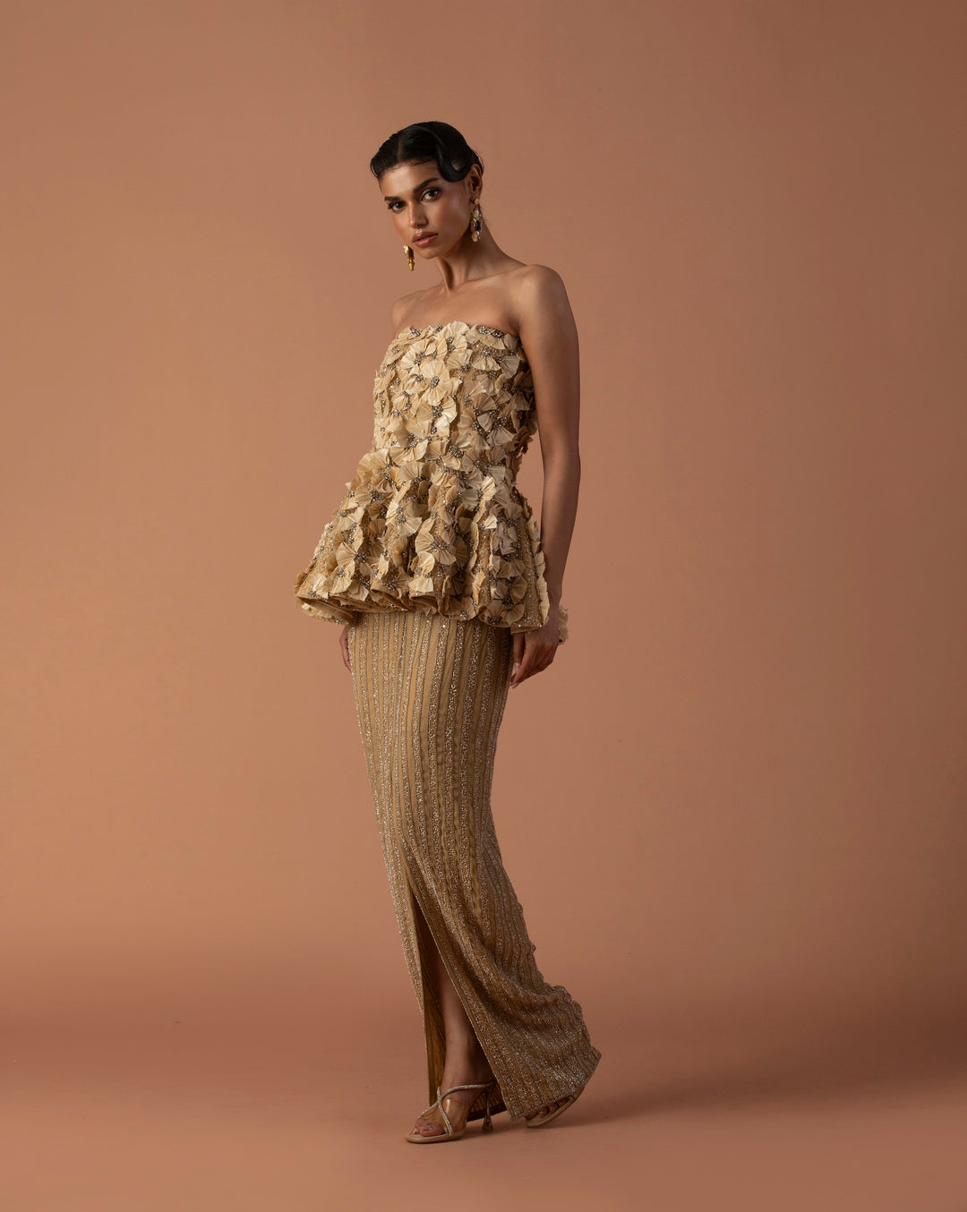 Peach Feather Embellished Peplum Top With Slit Skirt