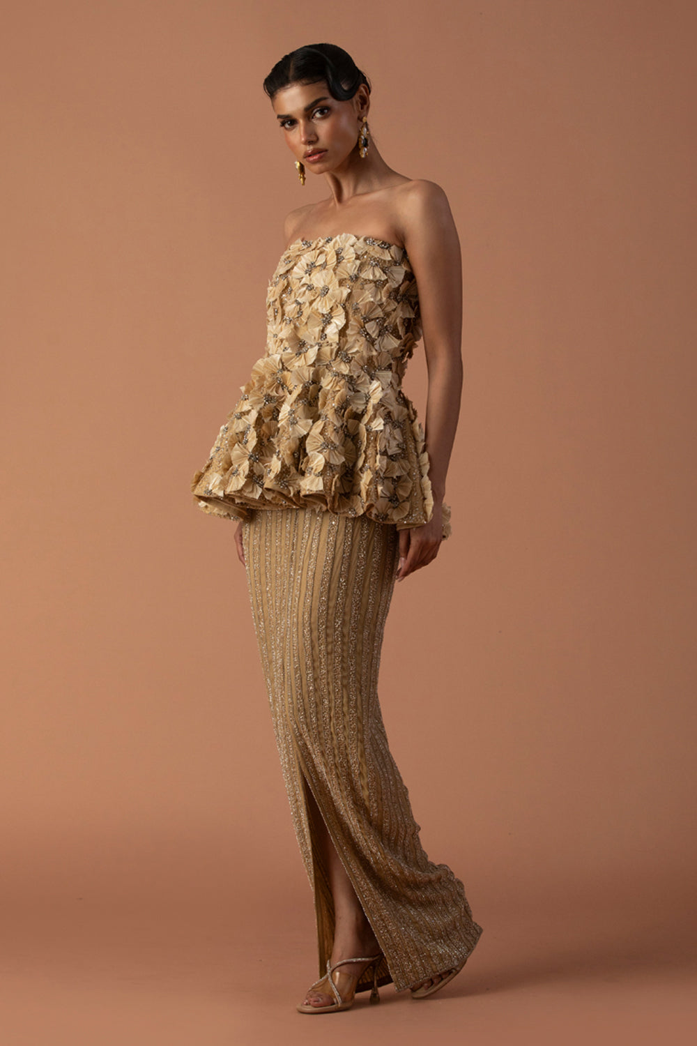 Peach Feather Embellished Peplum Top With Slit Skirt
