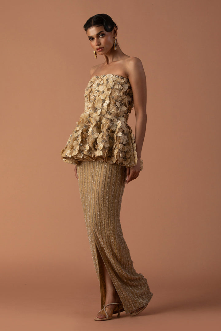 Peach Feather Embellished Peplum Top With Slit Skirt