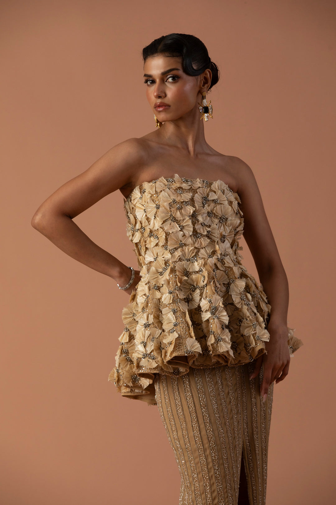 Peach Feather Embellished Peplum Top With Slit Skirt