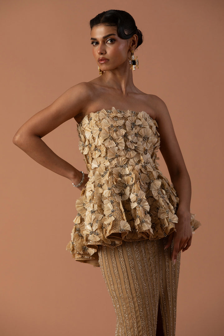 Peach Feather Embellished Peplum Top With Slit Skirt