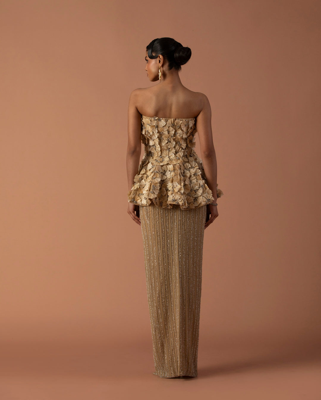 Peach Feather Embellished Peplum Top With Slit Skirt