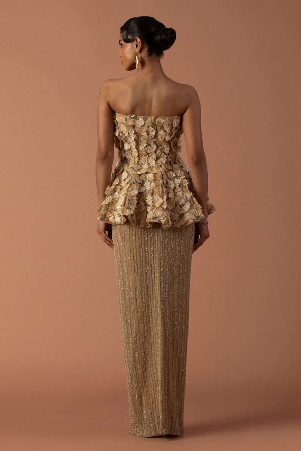 Peach Feather Embellished Peplum Top With Slit Skirt