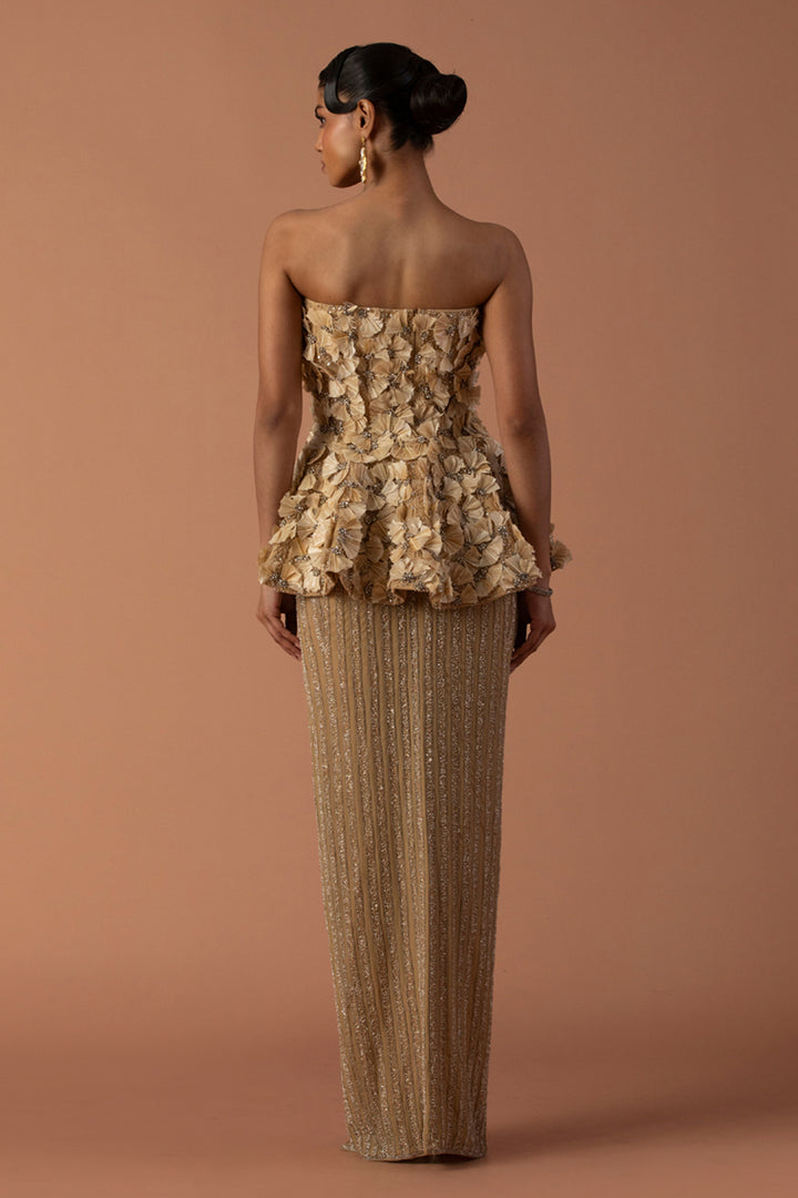 Peach Feather Embellished Peplum Top With Slit Skirt