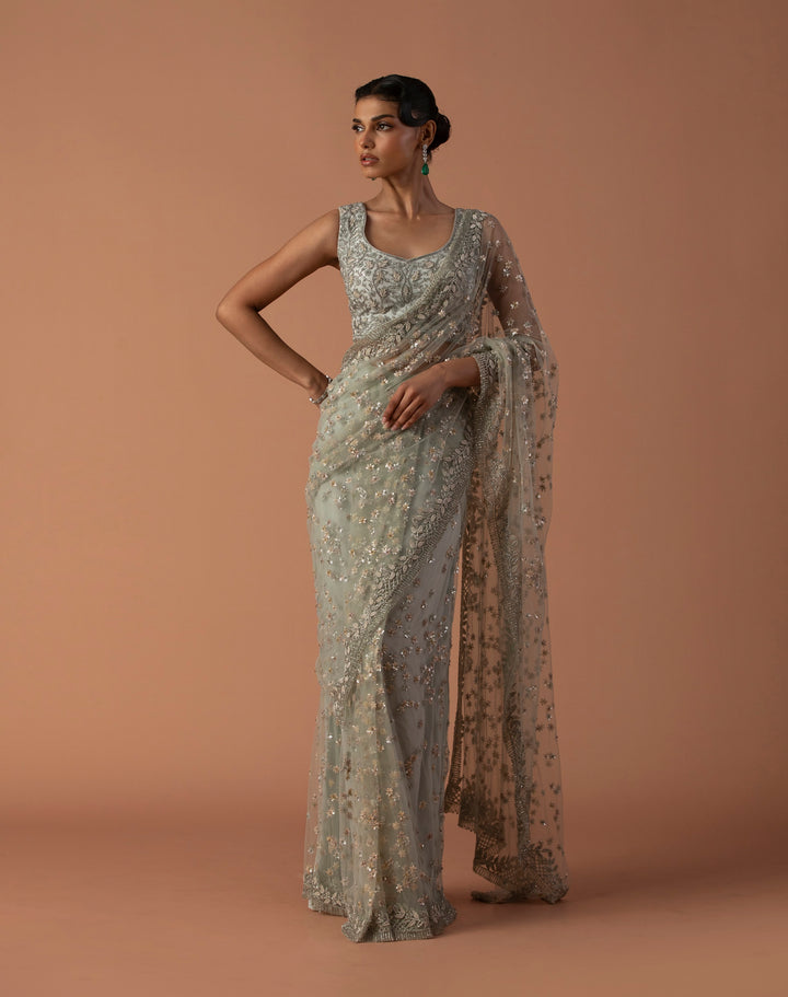Powder Blue Pre-stitched Tulle Saree With Zardozi Blouse