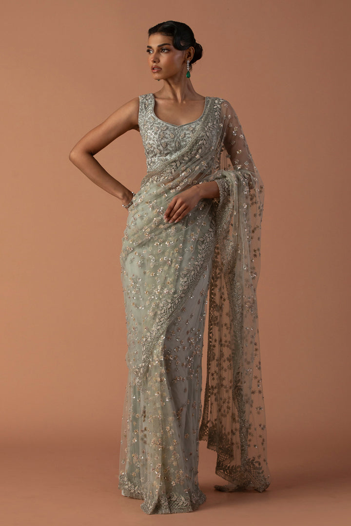Powder Blue Tulle Saree With Zardozi Blouse (Pre-stitched)