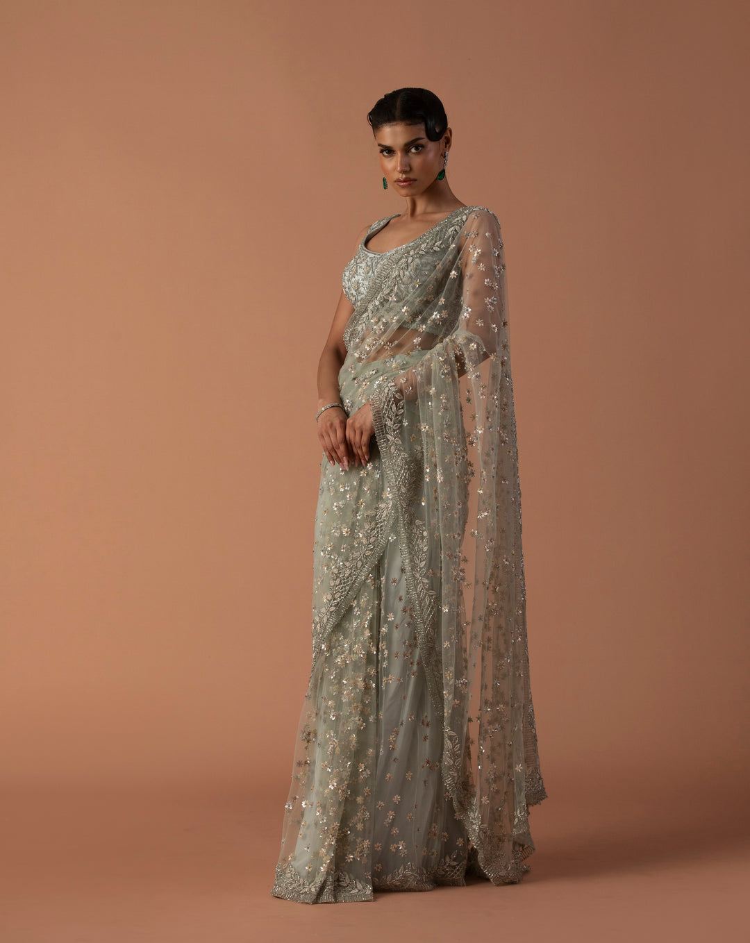 Powder Blue Pre-stitched Tulle Saree With Zardozi Blouse