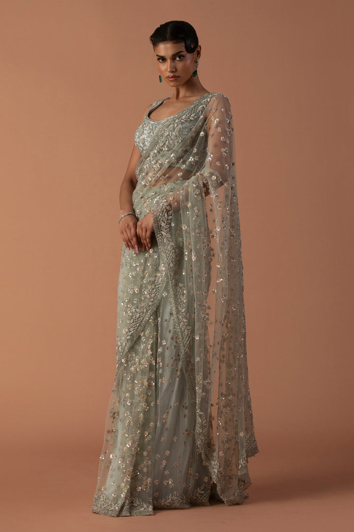 Powder Blue Tulle Saree With Zardozi Blouse (Pre-stitched)