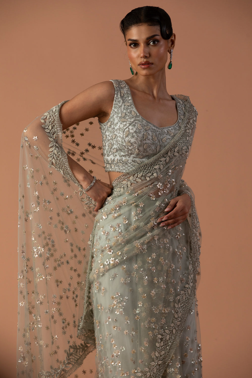 Powder Blue Tulle Saree With Zardozi Blouse (Pre-stitched)