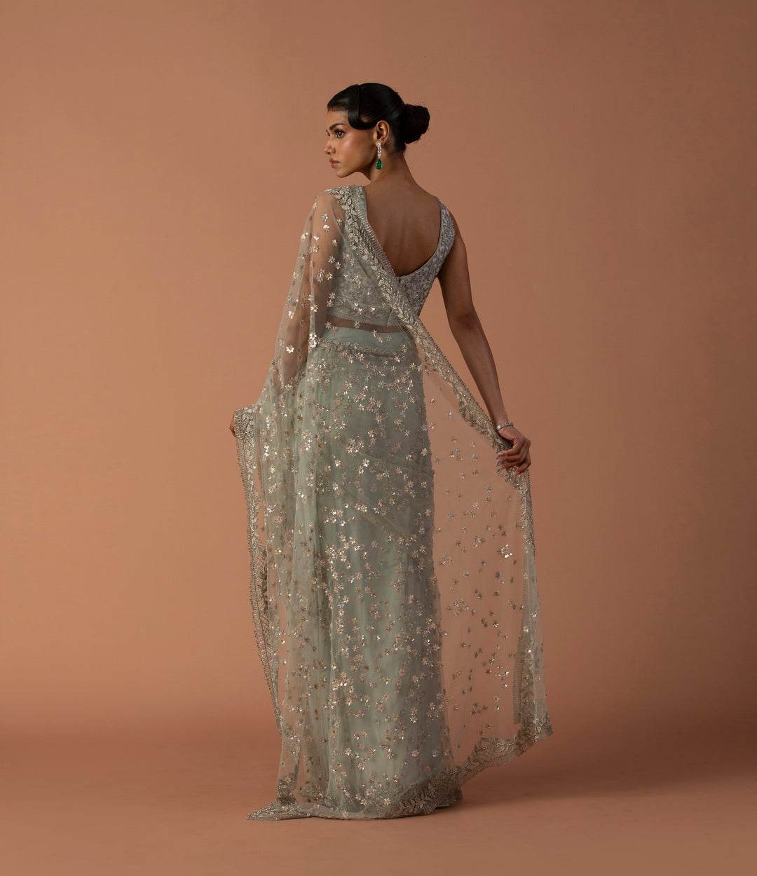 Powder Blue Pre-stitched Tulle Saree With Zardozi Blouse