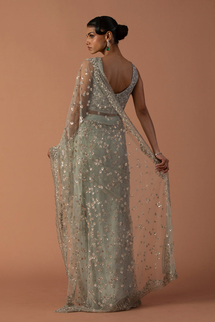 Powder Blue Tulle Saree With Zardozi Blouse (Pre-stitched)