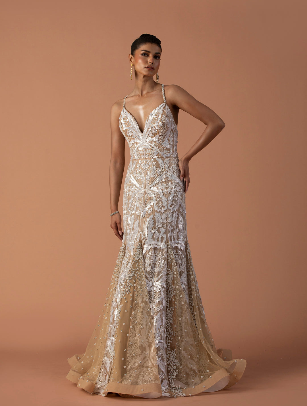 Peach Organza And Tulle Fishtail Godet Gown With Sequins and Stone Work