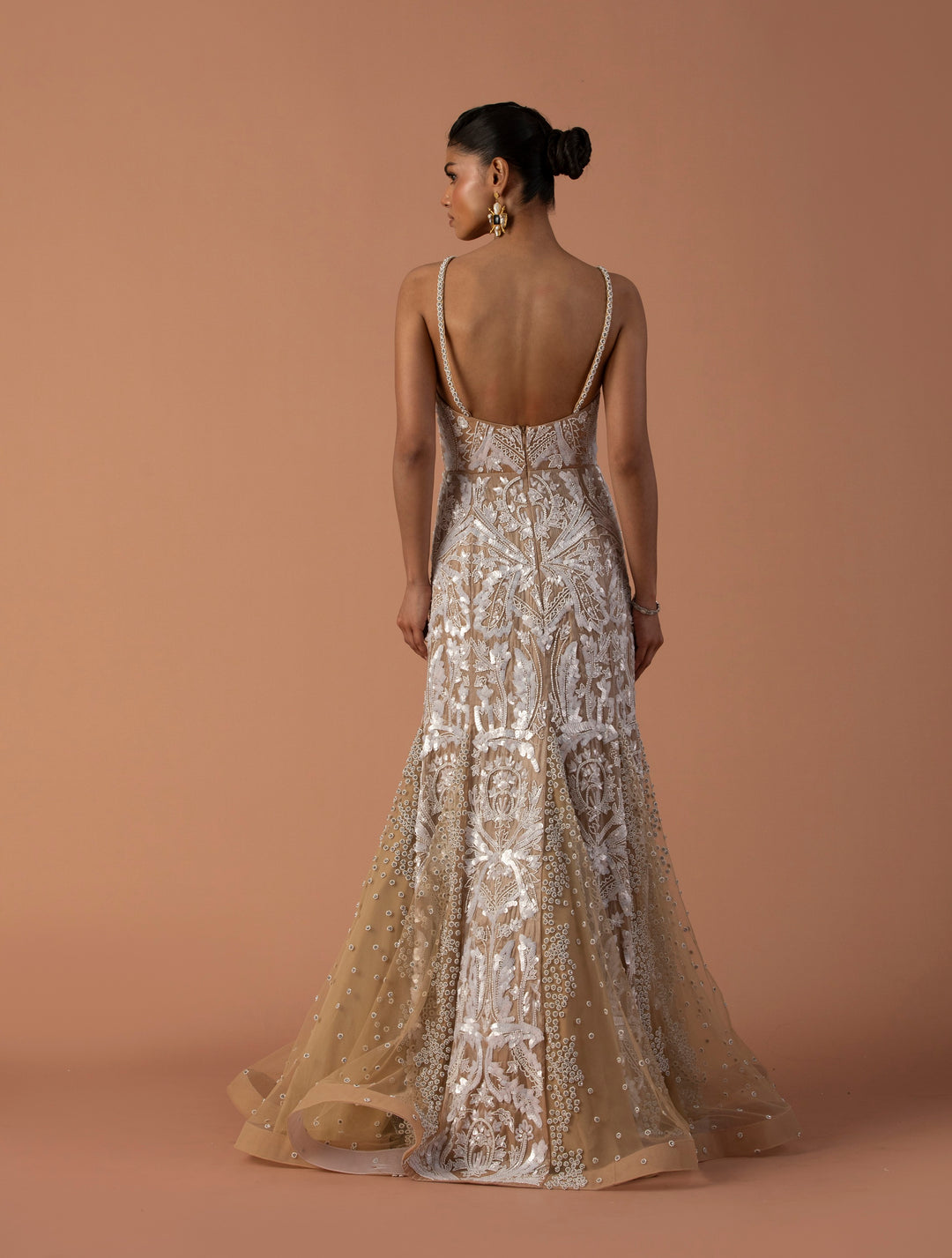 Peach Organza And Tulle Fishtail Godet Gown With Sequins and Stone Work