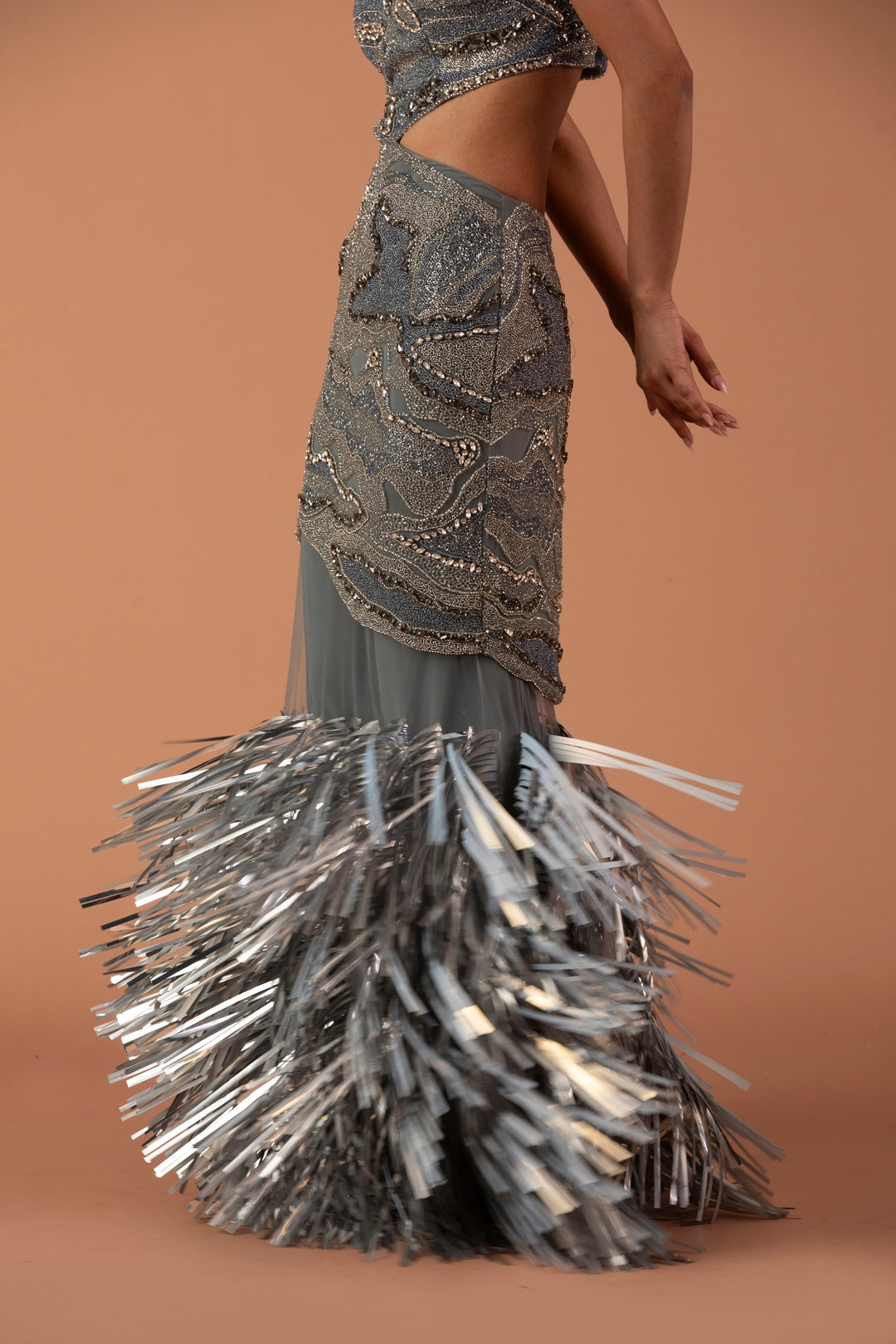 Silver Cut Out Dress With Silver Leather Tassel Skirt