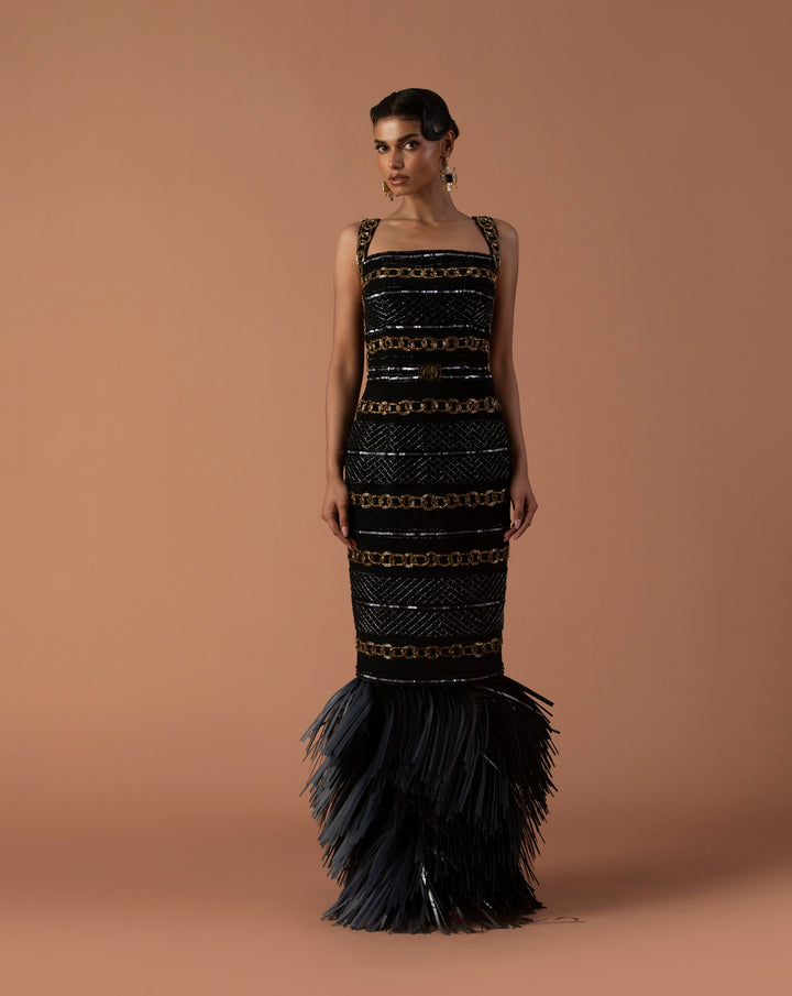 Black Pencil Dress Embellished With Bugle Beads And Black Leather Tassel Skirt