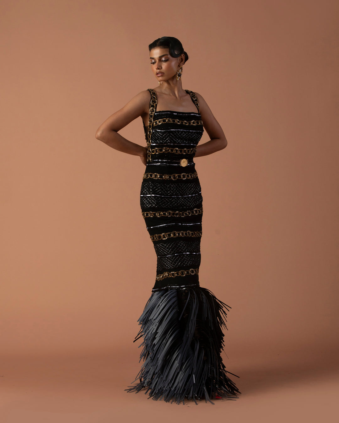 Black Pencil Dress Embellished With Bugle Beads And Black Leather Tassel Skirt