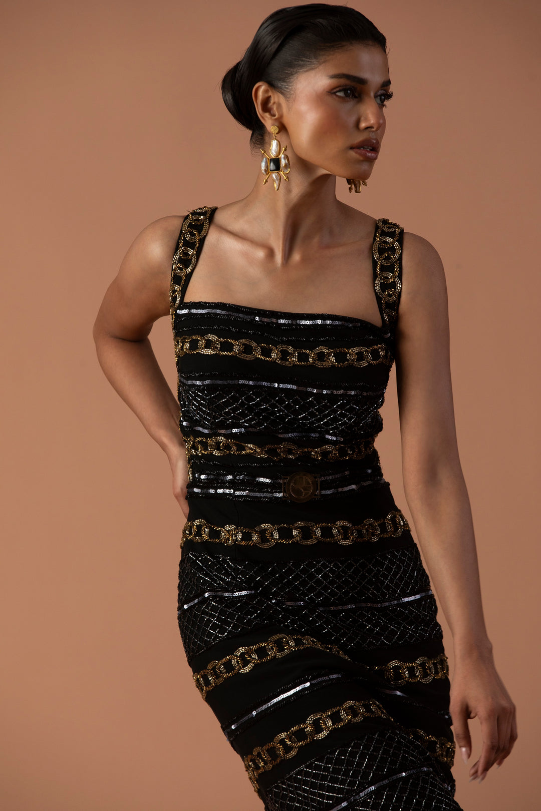Black Pencil Dress Embellished With Bugle Beads And Black Leather Tassel Skirt M Black Pencil Dress Embellished With Bugle Beads And Black Leather Tassel Skirt M