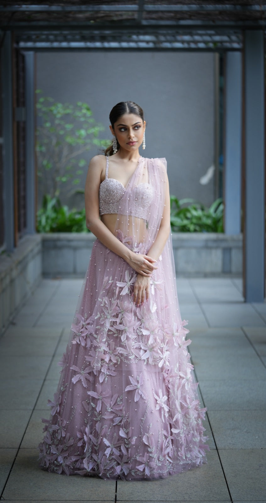 Blush Pink Feather Lehenga With Corset And Tulle Dupatta