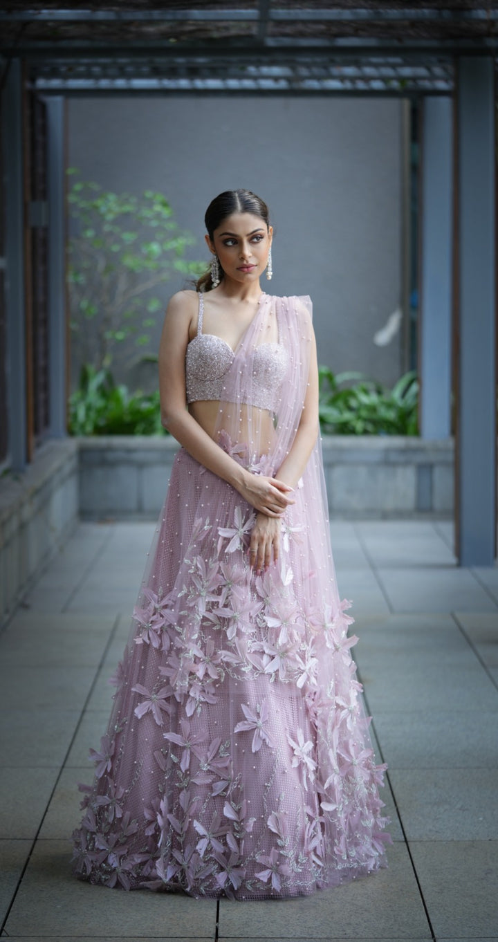 Blush Pink Feather Lehenga With Corset And Tulle Dupatta