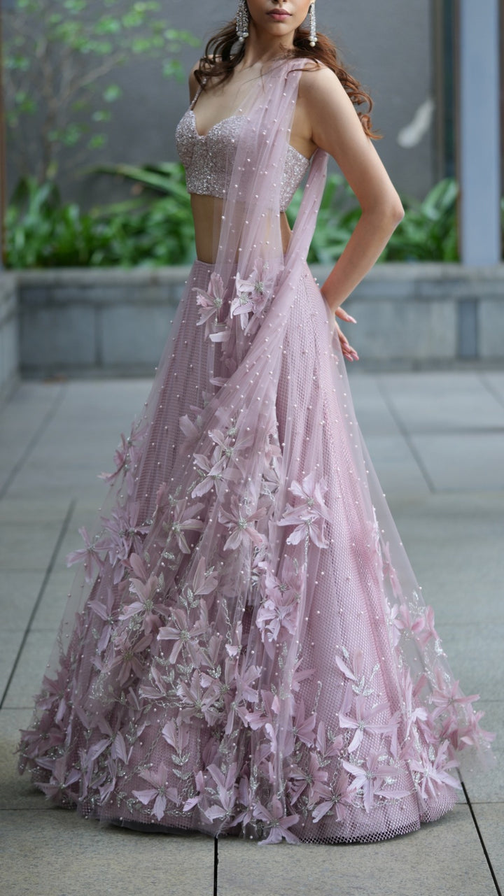 Blush Pink Feather Lehenga With Corset And Tulle Dupatta