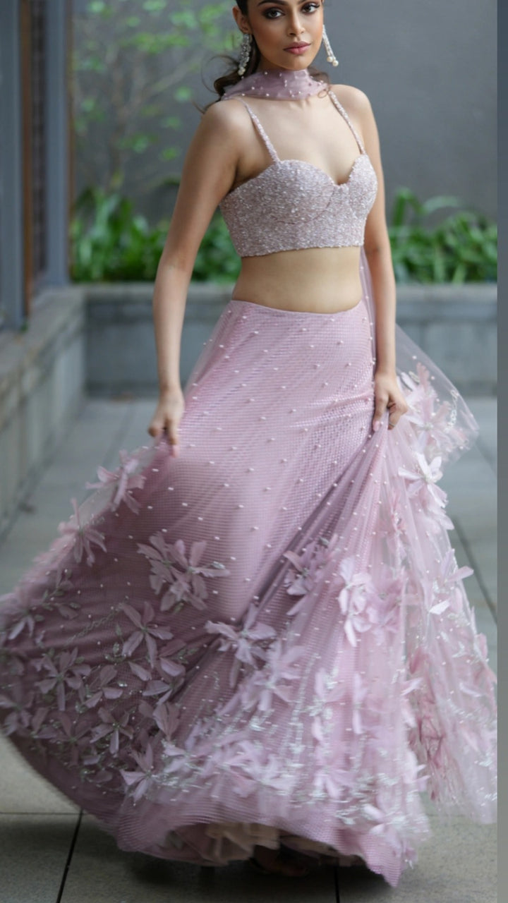 Blush Pink Feather Lehenga With Corset And Tulle Dupatta