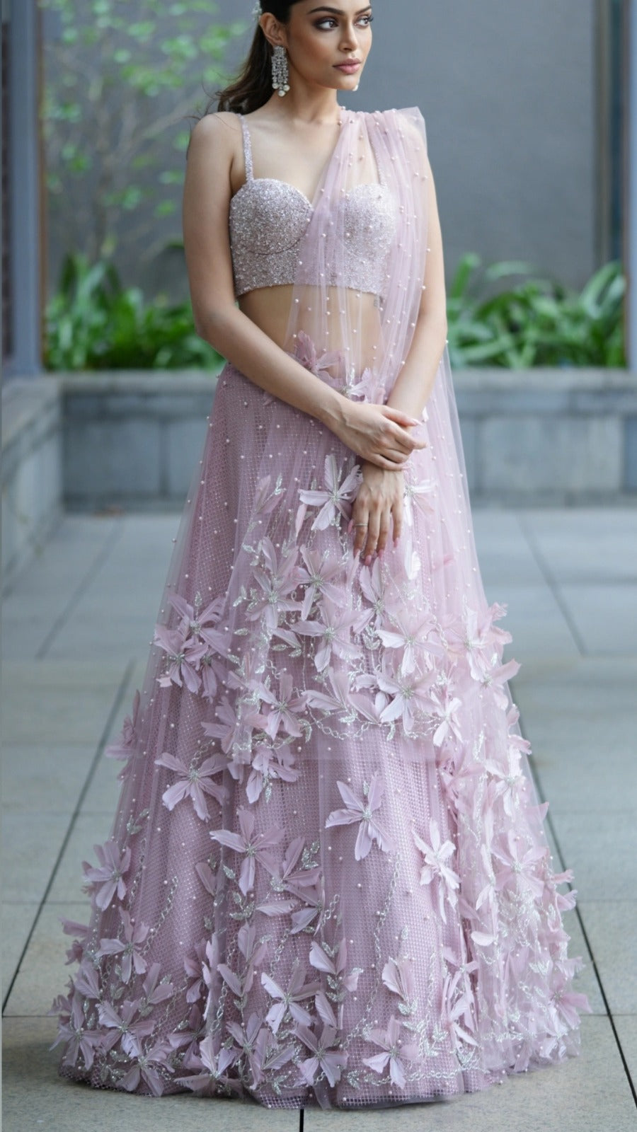 Blush Pink Feather Lehenga With Corset And Tulle Dupatta