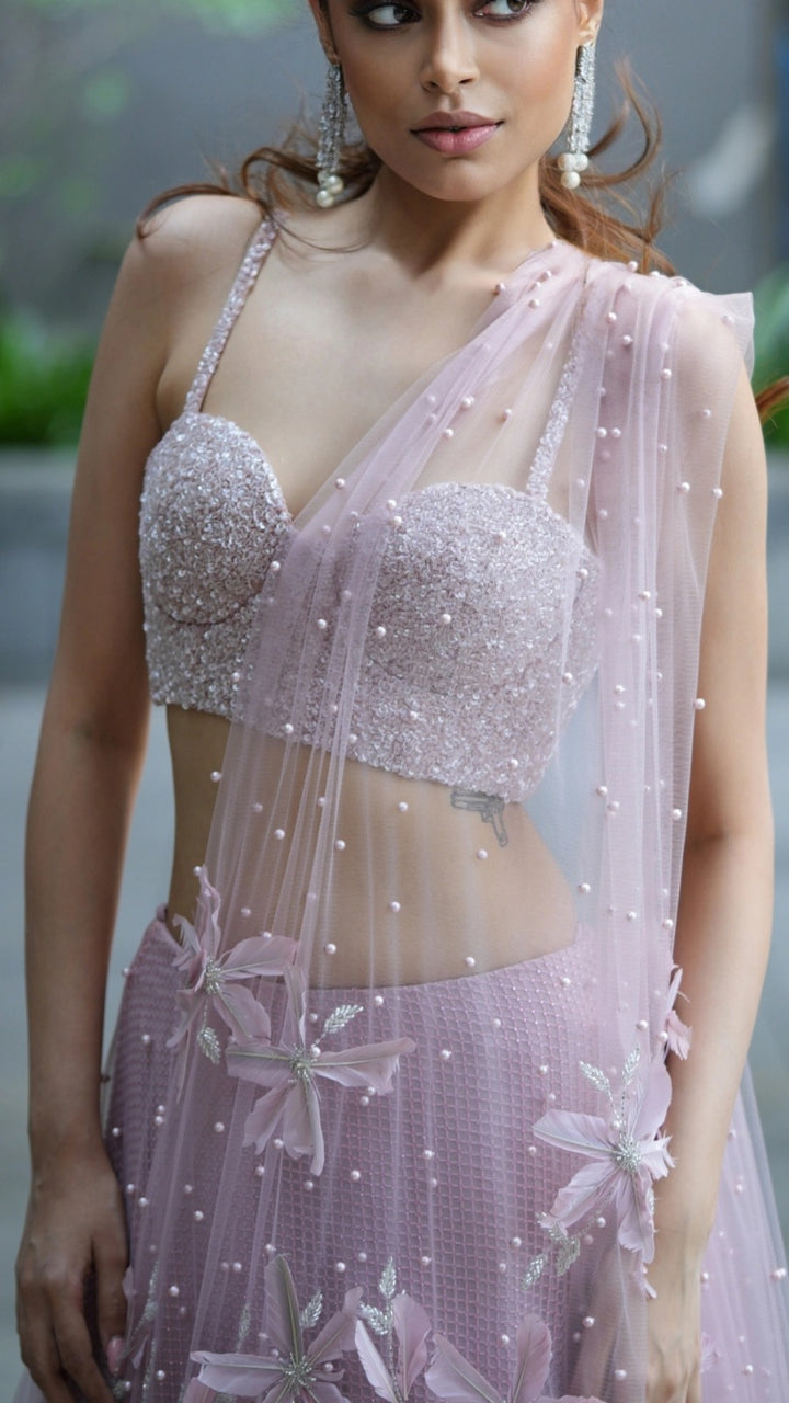 Blush Pink Feather Lehenga With Corset And Tulle Dupatta