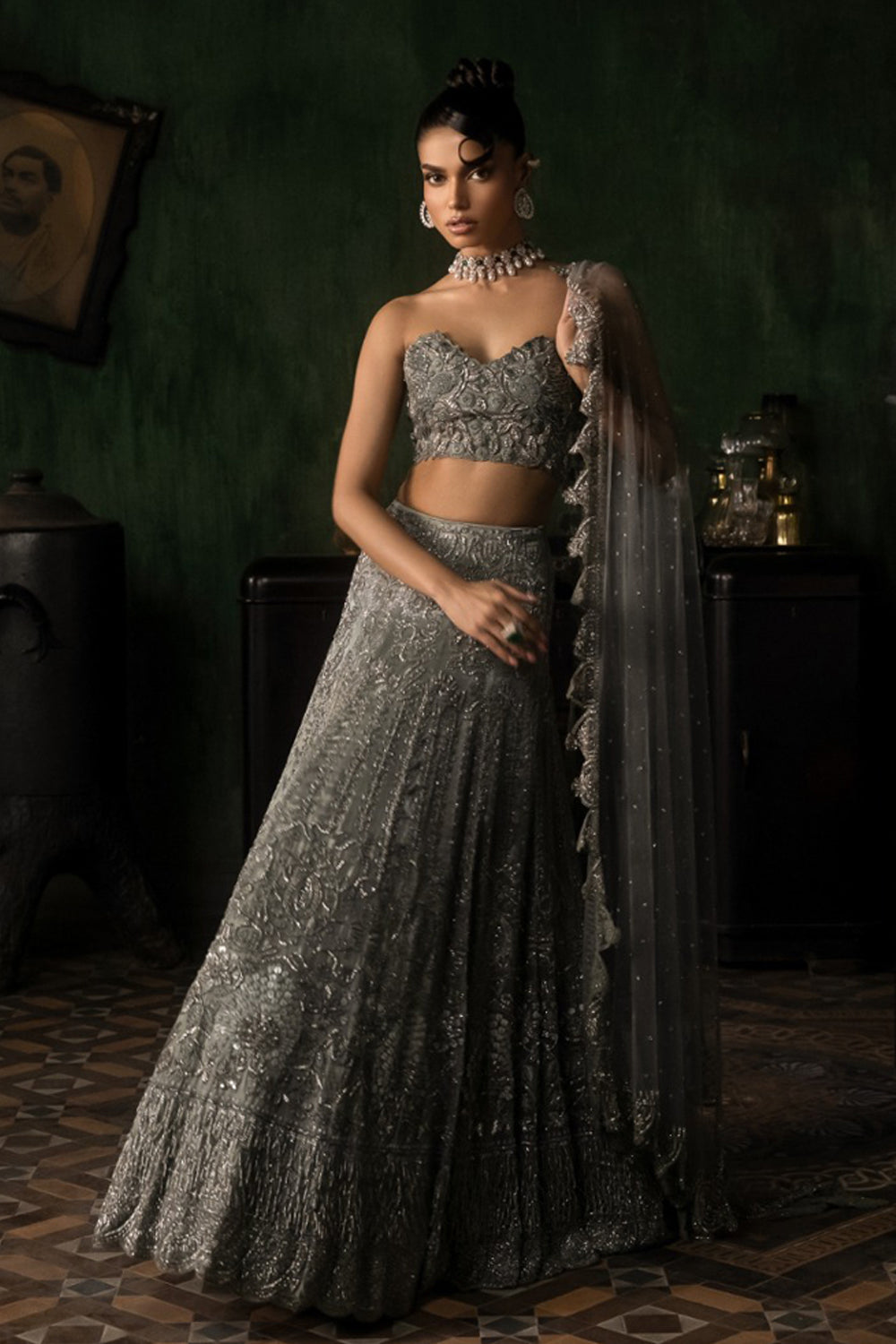 Green Grey Organza Lehenga With Threadwork Blouse And Tulle Dupatta
