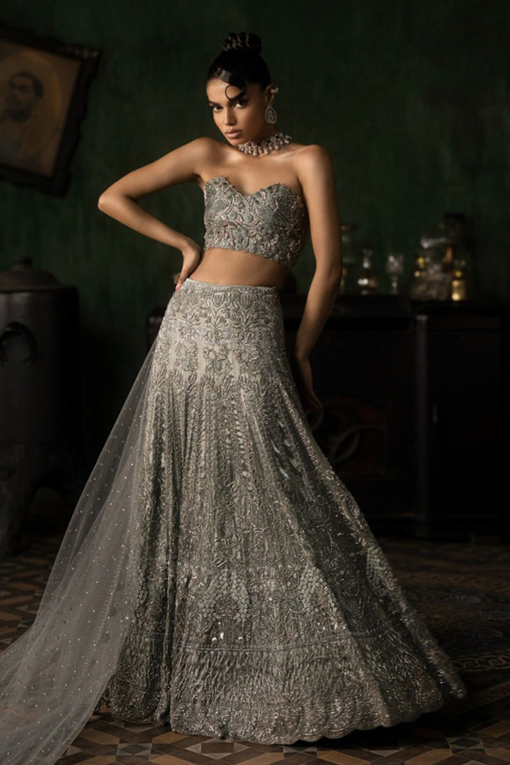 Green Grey Organza Lehenga With Threadwork Blouse And Tulle Dupatta