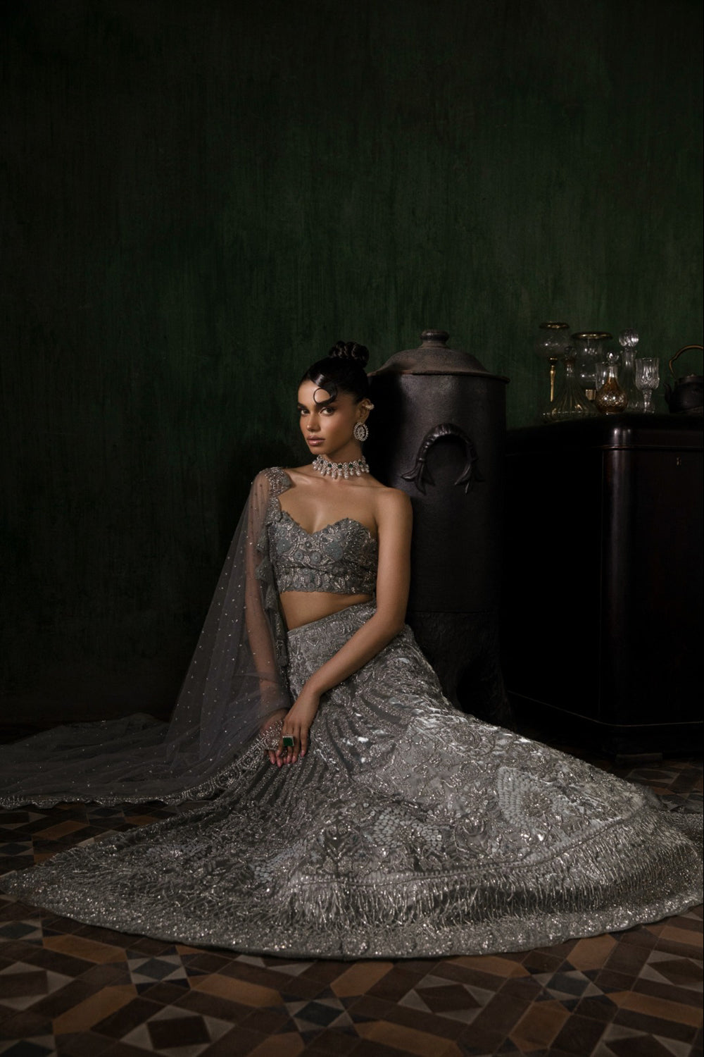 Green Grey Organza Lehenga With Threadwork Blouse And Tulle Dupatta