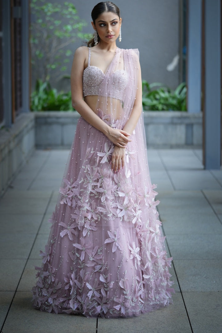 Blush Pink Feather Lehenga With Corset And Tulle Dupatta