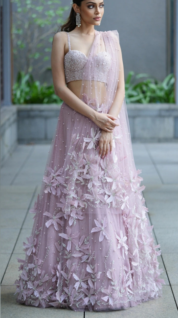Blush Pink Feather Lehenga With Corset And Tulle Dupatta
