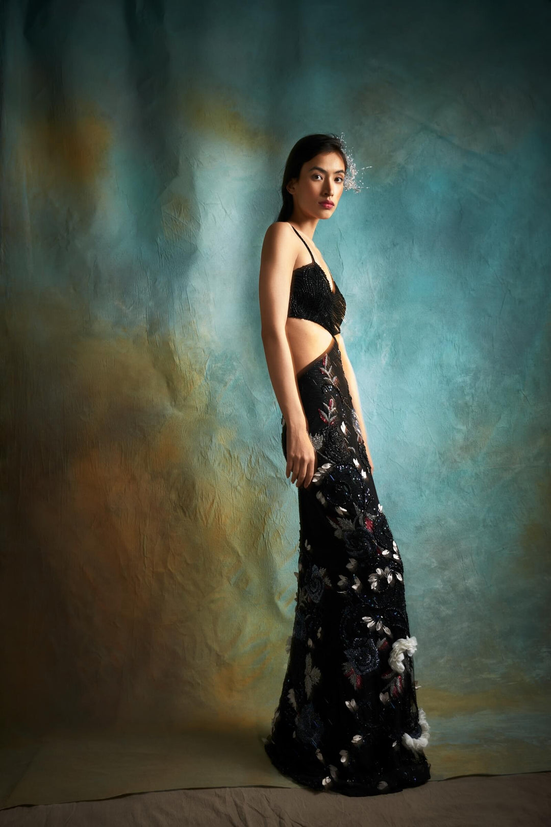 Black Cut Out Gown With 3d Flower Embroidery