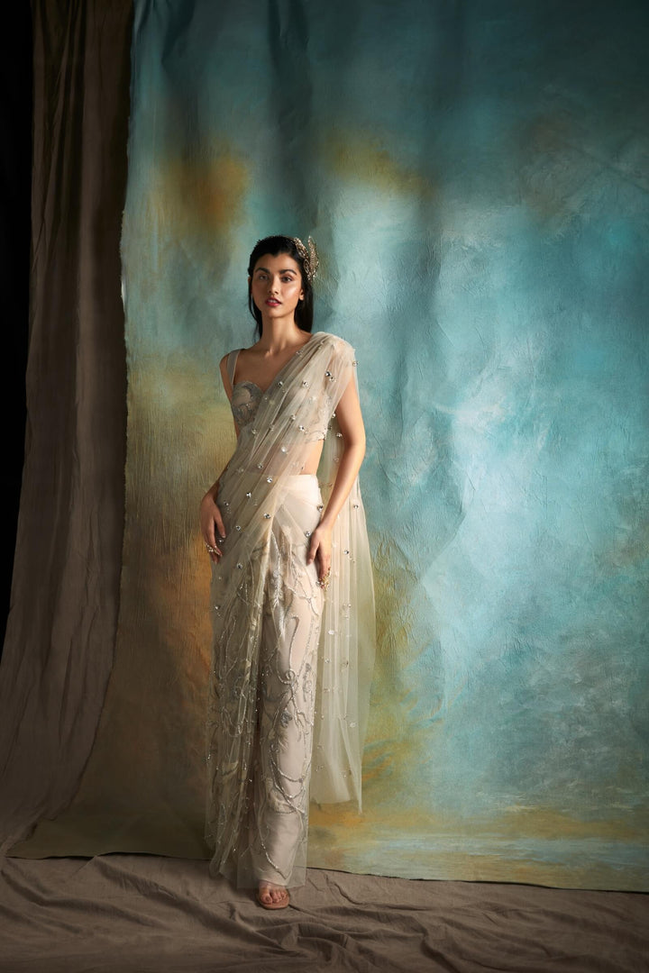 Champagne Tulle Saree With Stone Aanchal And Threadwork Blouse