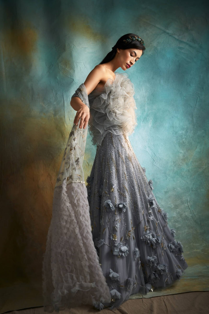 Grey Natasha Lehenga With Ruffled Poof Top