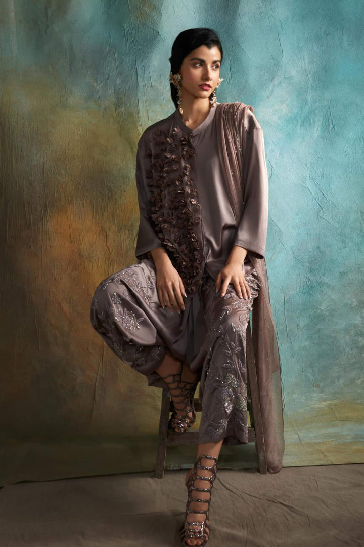 Satin Drop Crotch Pants Set With Crystal Embellished Chiffon Dupatta (Deep Crepe)