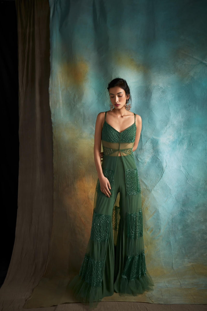 Tiered Tulle Jacket And Sharara Set (Moss)