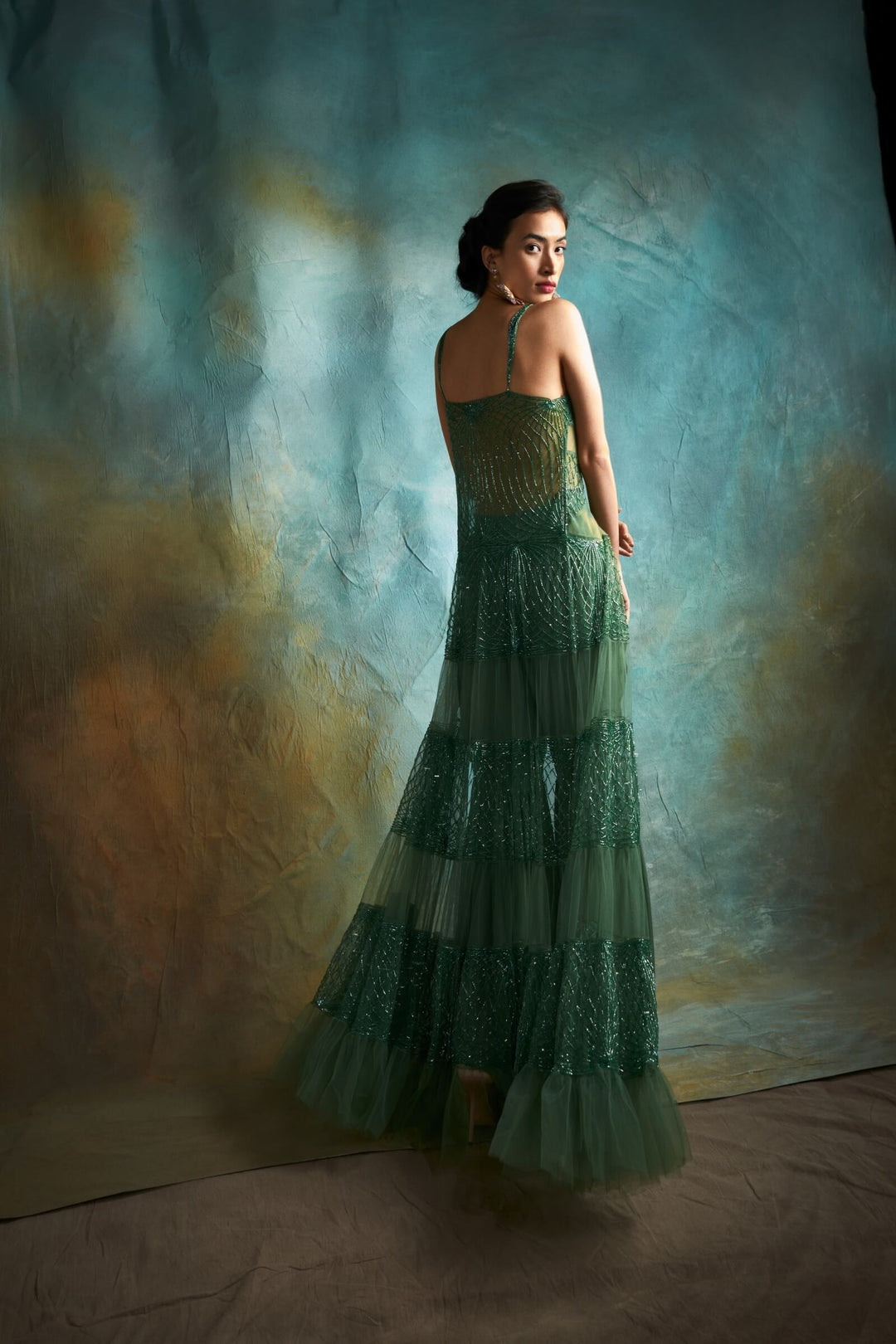 Tiered Tulle Jacket And Sharara Set (Moss)