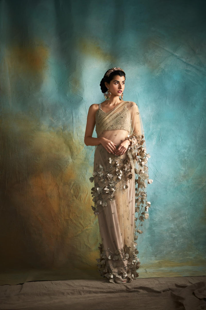 Full Bloom Tulle Saree With Beaded Blouse (Nude)