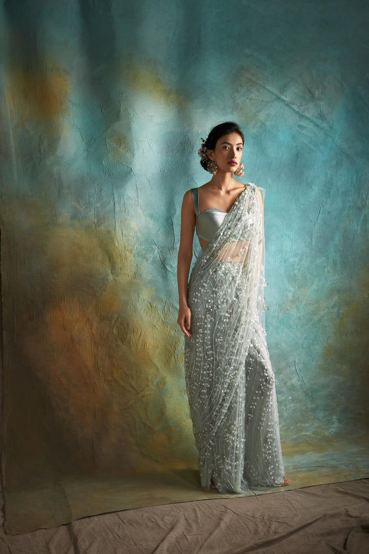 Sea Spray Saree With Stone Studded Satin Blouse (Mint)