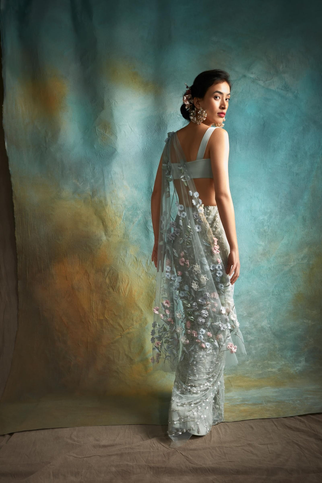 Sea Spray Saree With Stone Studded Satin Blouse (Mint)