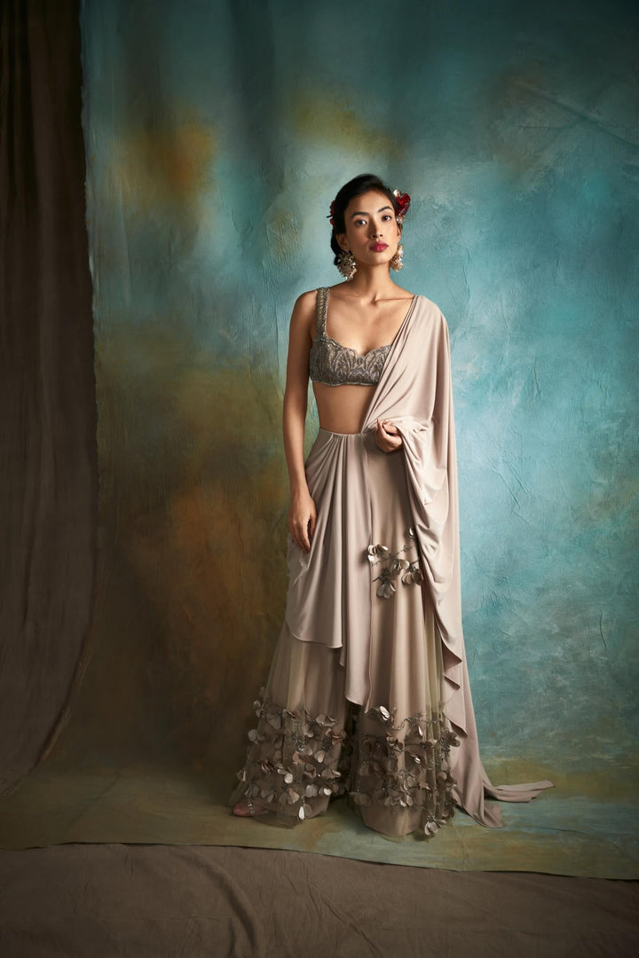 Nude Wide Legged Pant Saree With Embellished Blouse