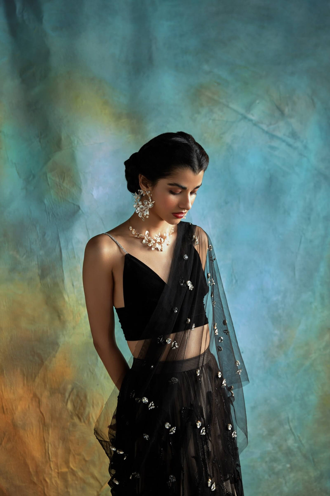 Black And Nude Lehenga Saree With Stone Aanchal And Threadwork Corset