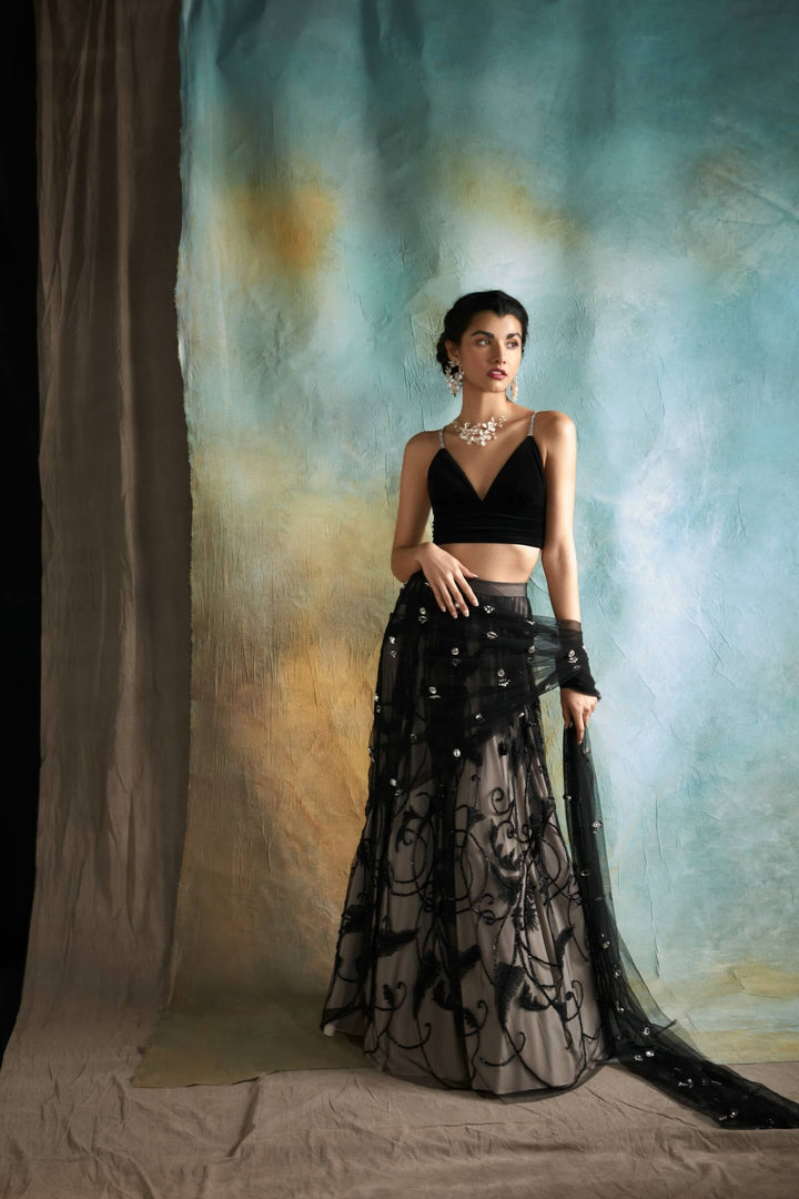 Black And Nude Lehenga Saree With Stone Aanchal And Threadwork Corset