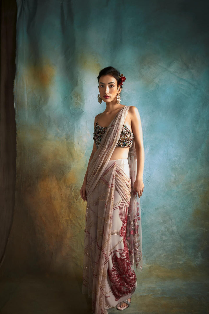 Pink Wave Saree With Multi Colored Beaded Blouse