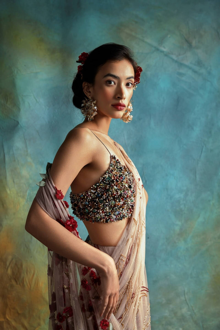 Pink Wave Saree With Multi Colored Beaded Blouse