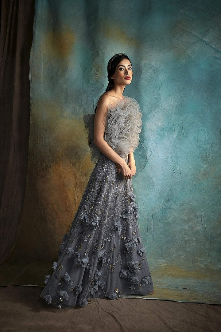 Grey Natasha Lehenga With Ruffled Poof Top