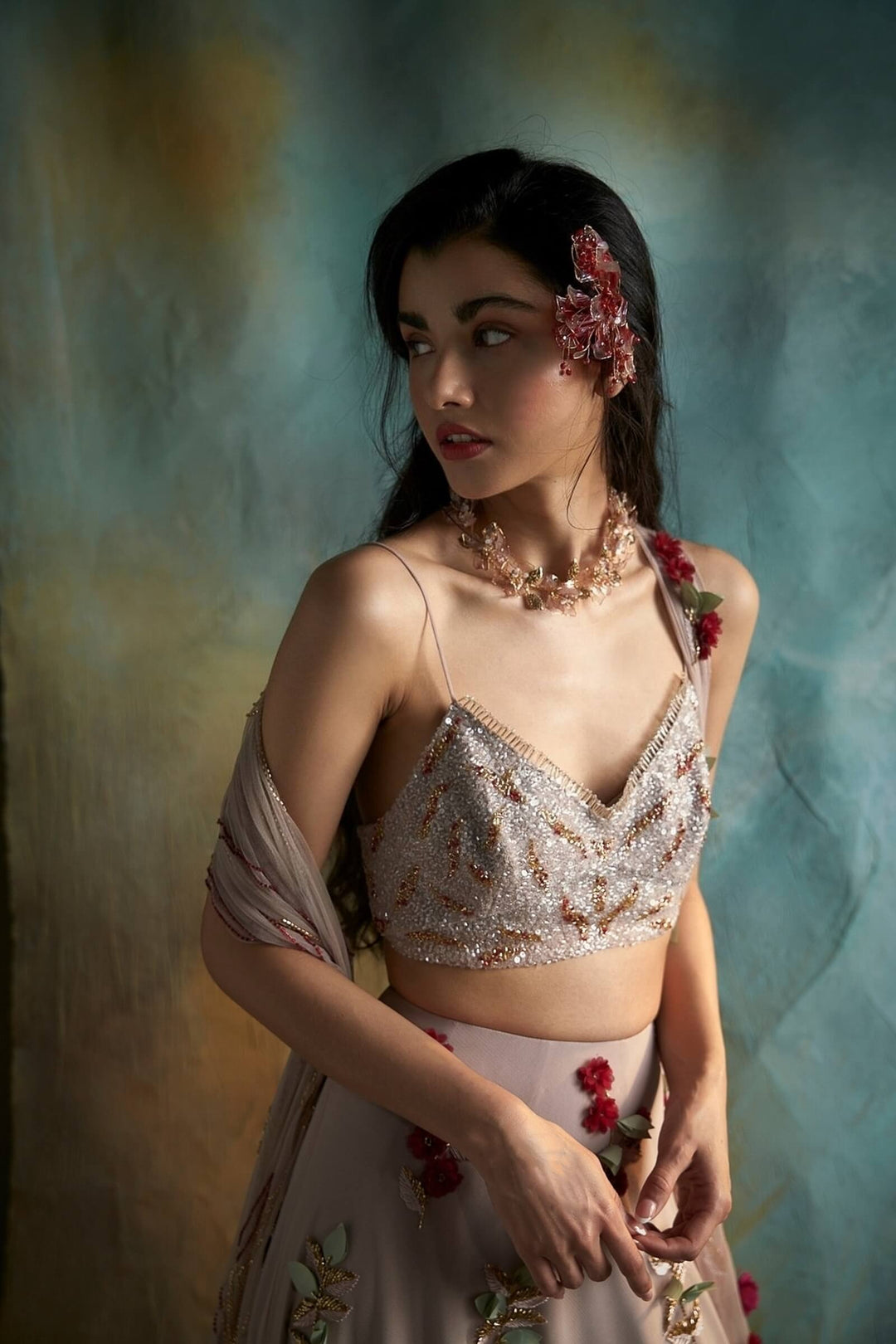 Pink Petunia Lehenga With Beaded Blouse And Dupatta