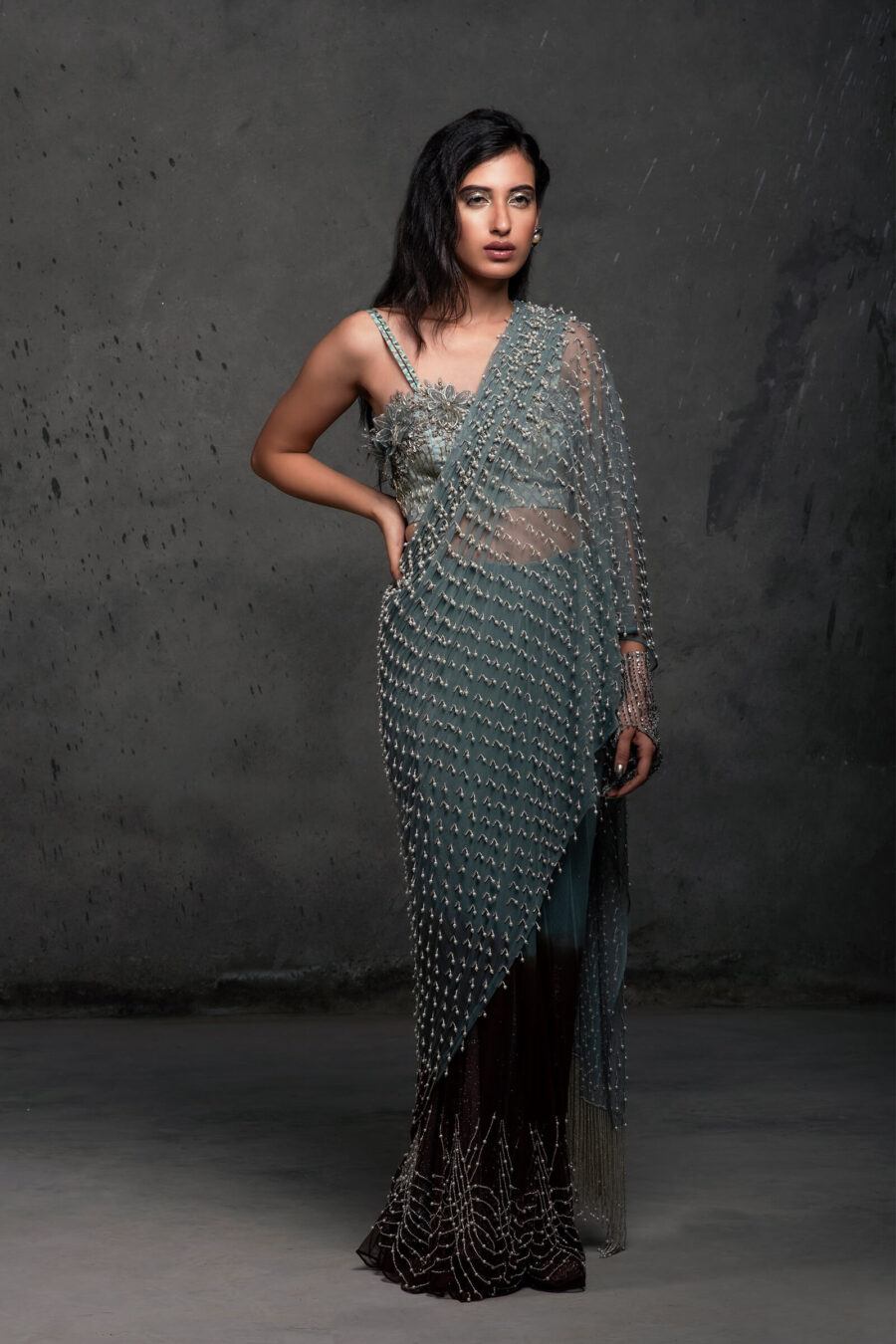 Ombre Prestitched Sari With Pearl Embellished Aanchal And 3D Flower Blouse  – Esha Sethi Thirani